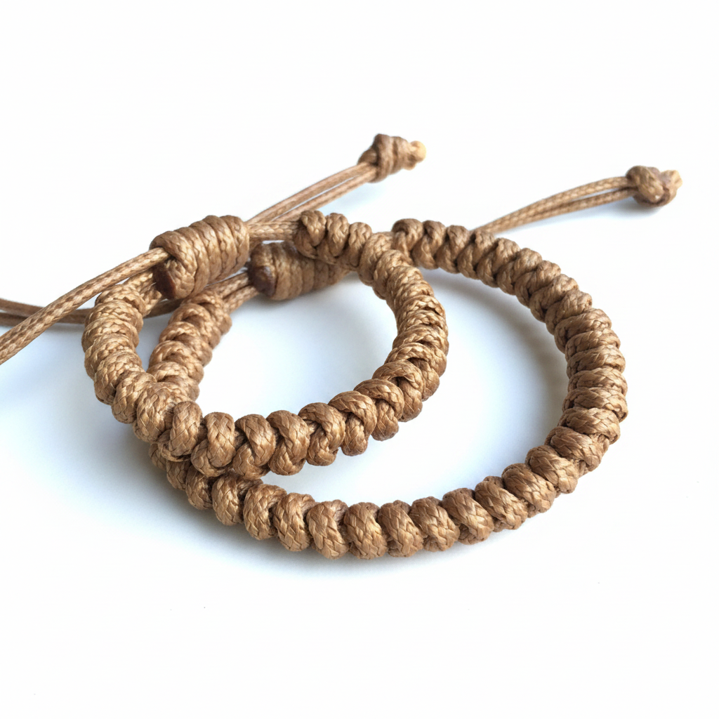 Two braided macrame bracelets, tan gold color, father and son bracelets