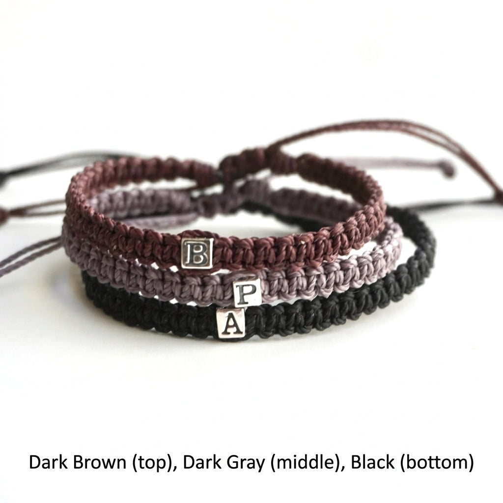 Dark Brown, Dark Gray, and Black, Personalized Bracelet with Initial Letter Sterling Silver