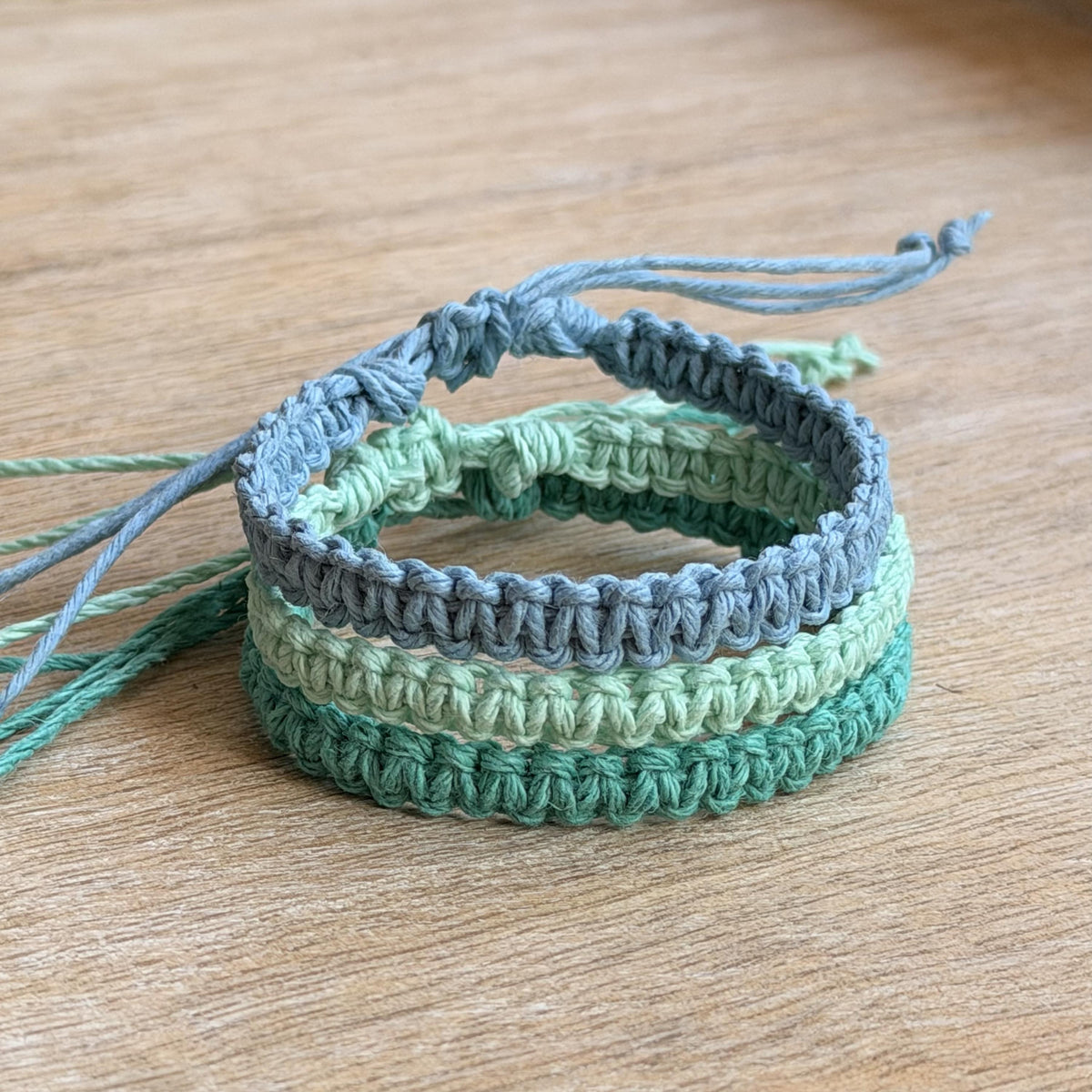 Hemp Cord Bracelet, Adjustable Boho Anklet, Set of 3 Beach Jewelry, Blue Mint Green Waxed Thread, Handmade Stackable Gift