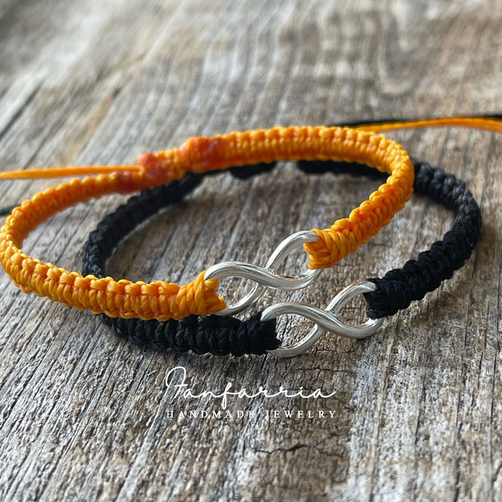 Infinity Sterling Silver Bracelets, Black and Orange His and Hers Bracelets, Waterproof Cord, Adjustable