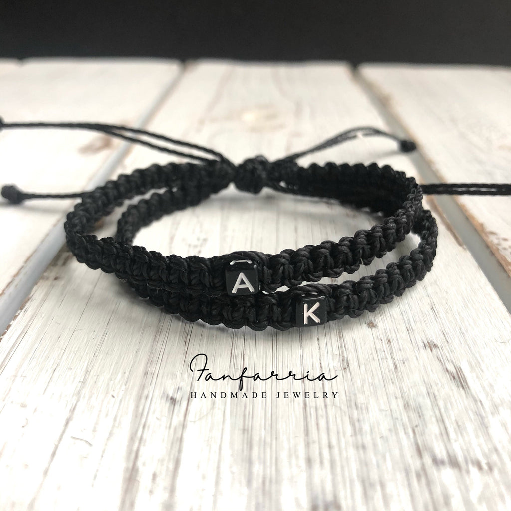 Personalized Initial Black Bracelets for Couples - Black Macrame His and Hers Set