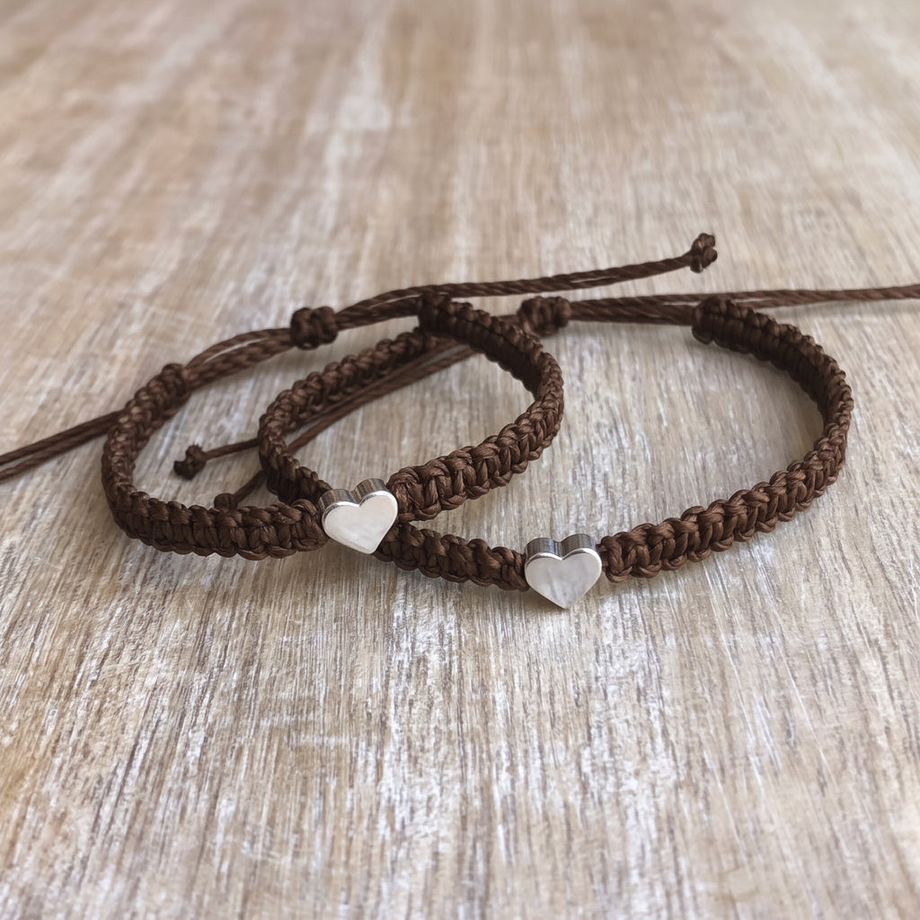 Matching Bracelets Chocolate Brown Cord, Heart Charm