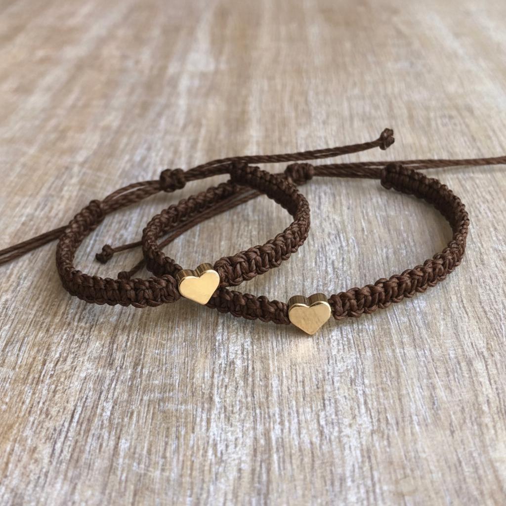 Matching Chocolate Brown Cord Bracelets, Heart Charm, Mommy and Me Set