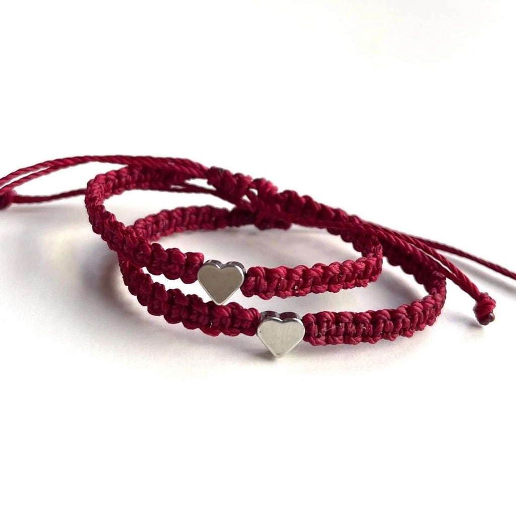 Silver Heart Family Bracelets Burgundy Matching Bracelets