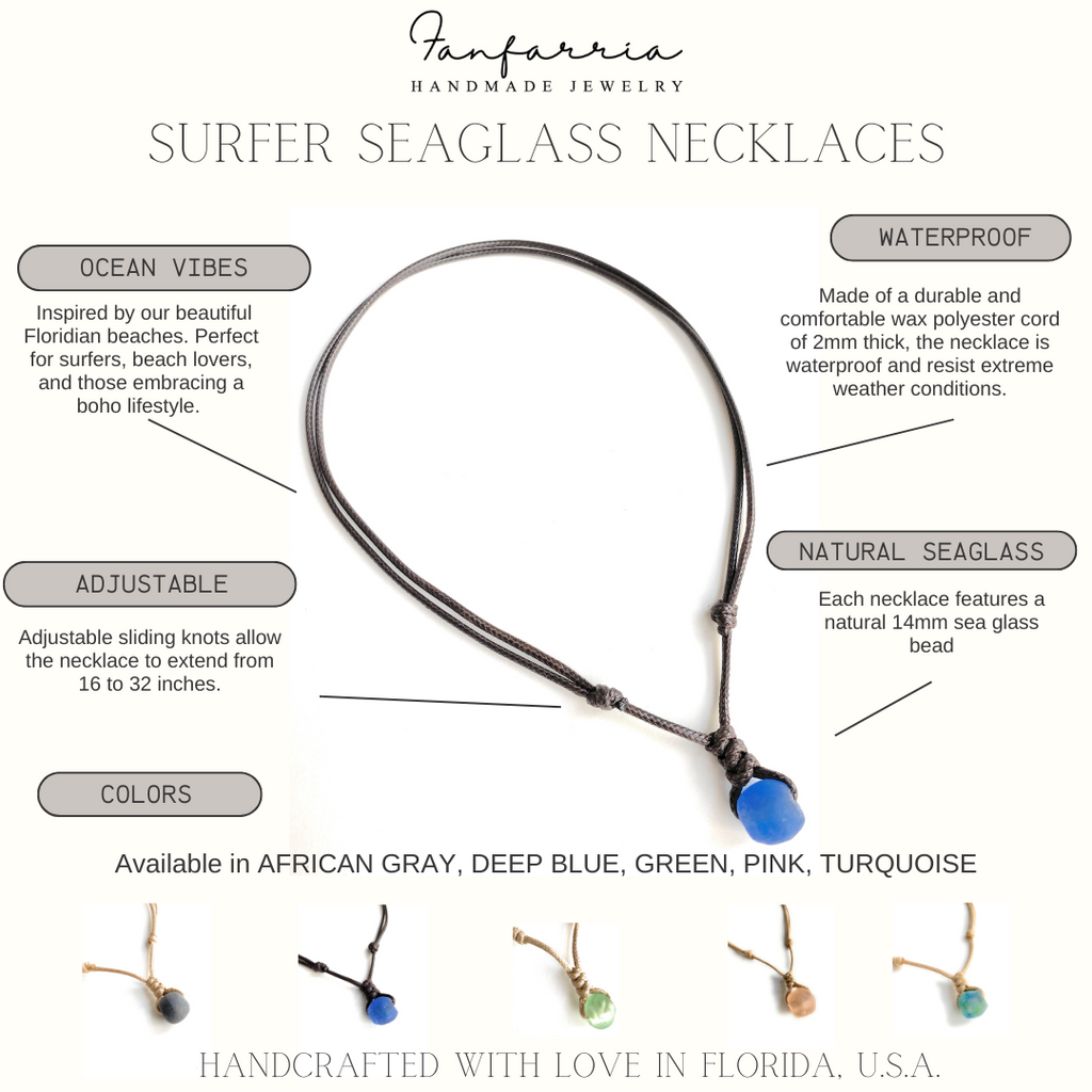 Surfer Sea Glass Necklace Adjustable Waterproof Unisex