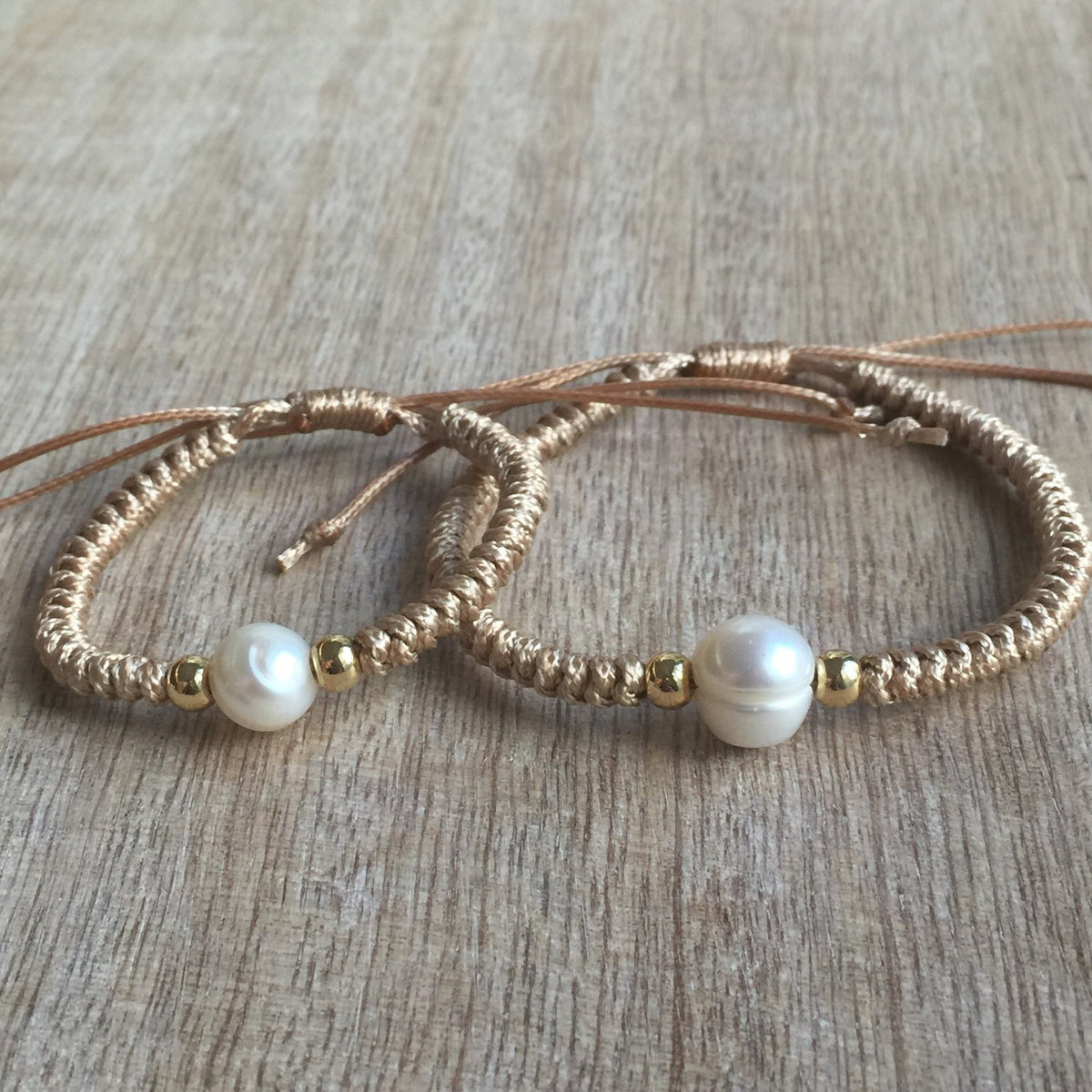 Freshwater Pearl Bracelet with Gold Filled Beads, Macrame Braided Adjustable Size.