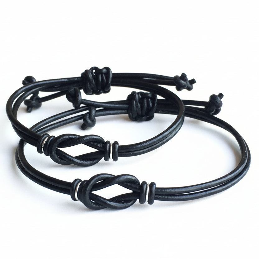 Sanibel dark brown leather couple bracelets closeup detail adjustable
