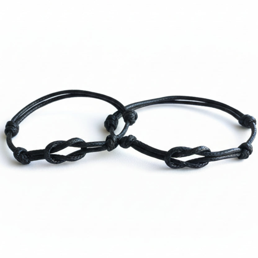 Brown waxed cord Naples couple bracelets flat lay adjustable minimalist