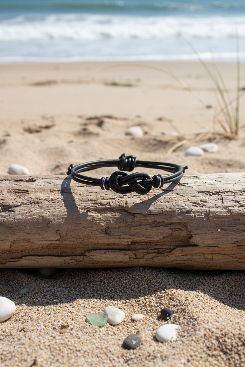 Black leather infinity knot couple bracelets flat lay sterling silver accent