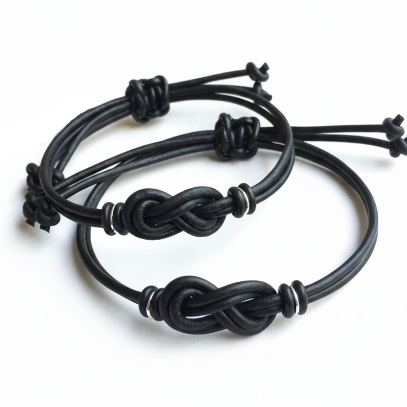 Leather knot couples set black infinity knot his and hers matching bracelets