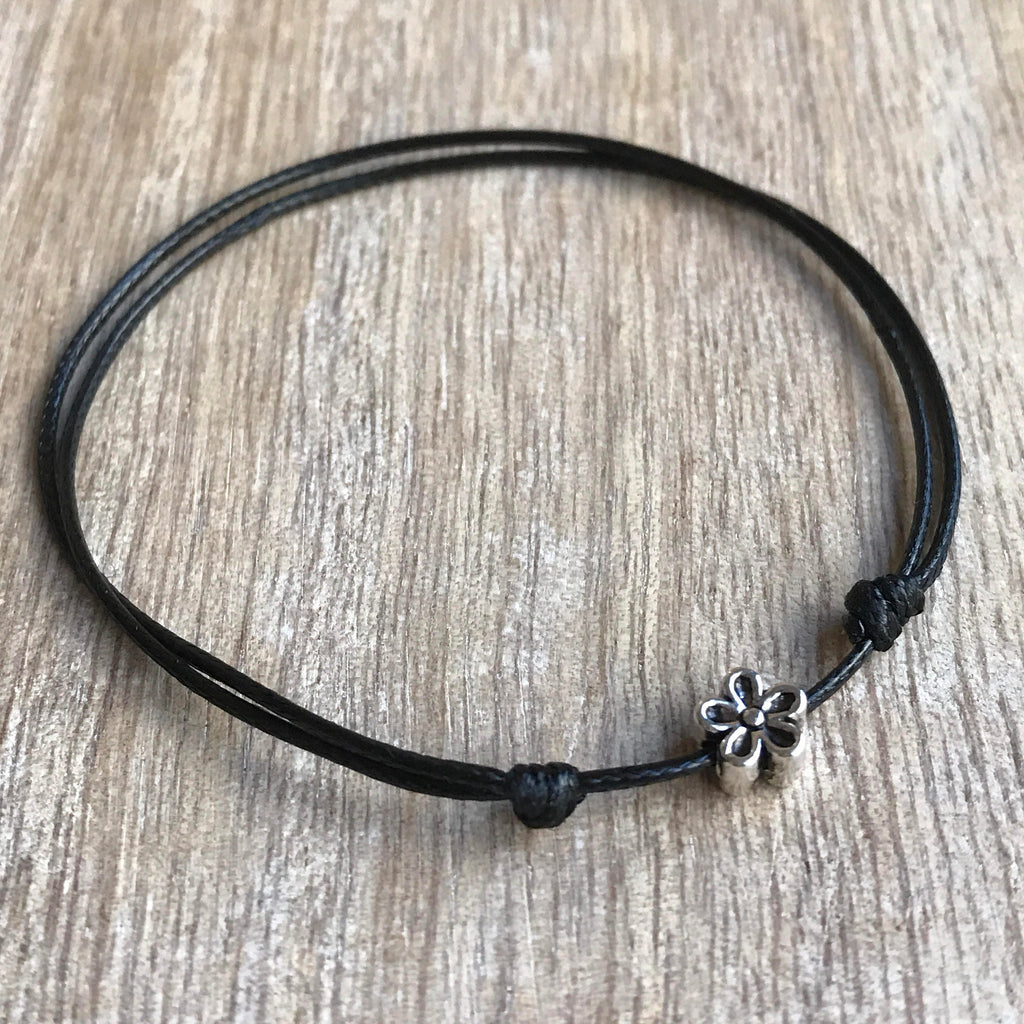Flower Anklet Bracelet Choker, Black Cord, Surfer Beach Lover