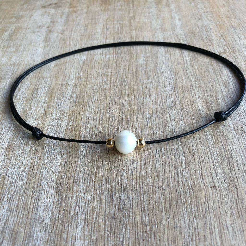 Pearl Choker Necklace, Black Choker, Waxed Cord Pearl Choker, Gold filled beads, Black Necklace Waterproof WN001045