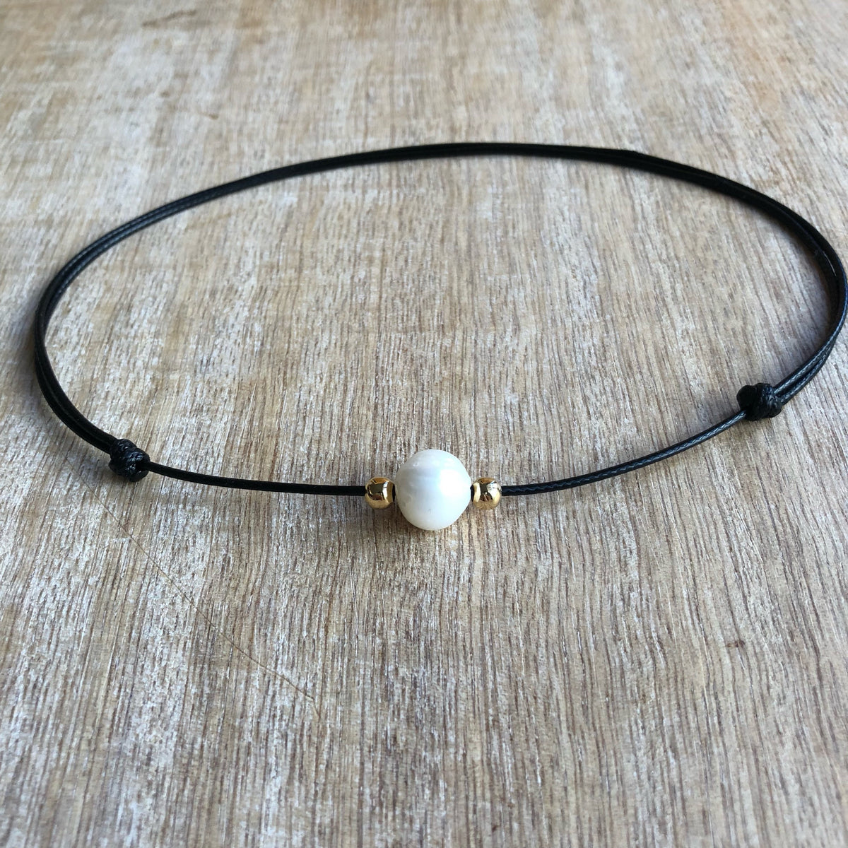 Pearl Choker Necklace, Black Choker, Waxed Cord Pearl Choker, Gold filled beads, Black Necklace Waterproof WN001045