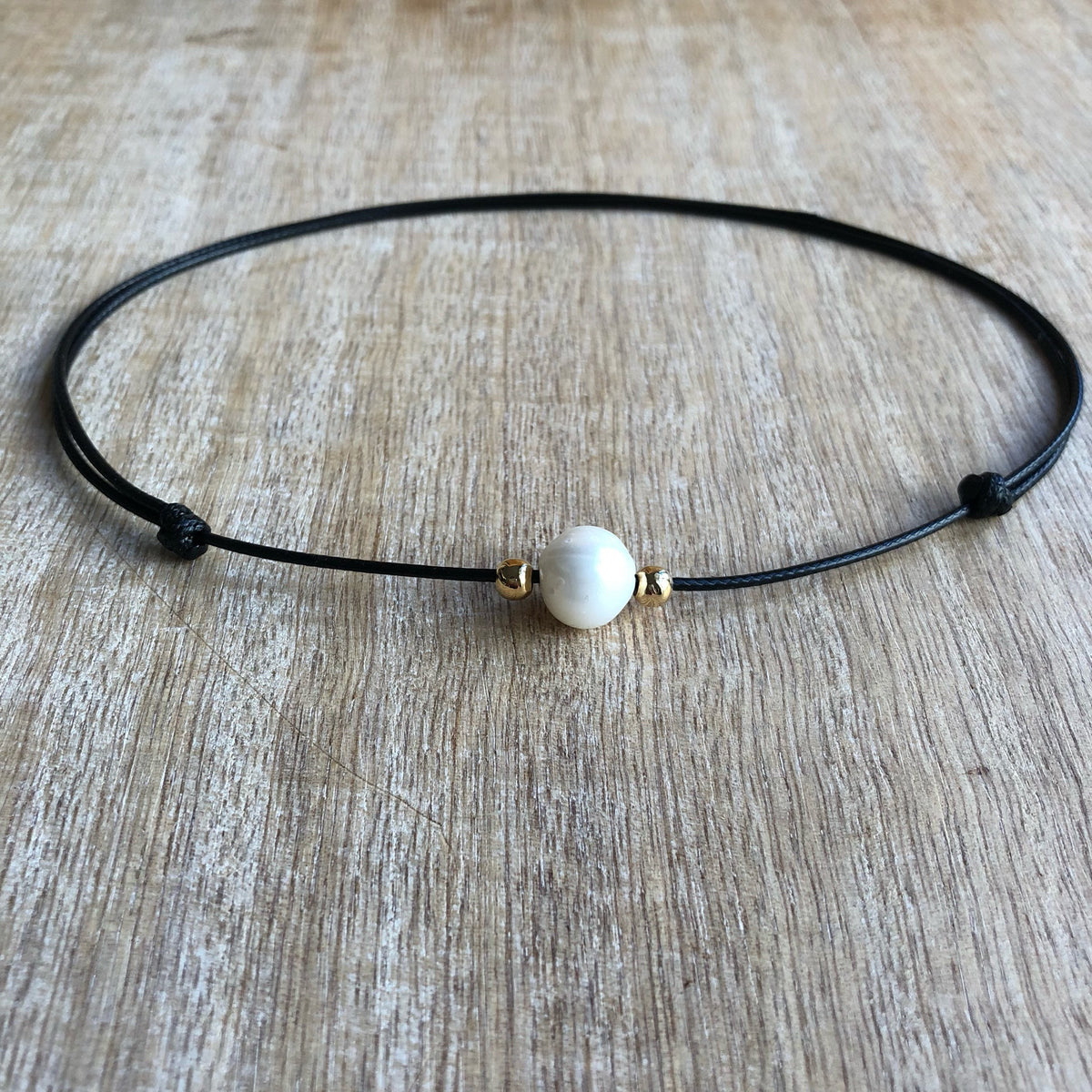 Pearl Choker Necklace, Black Choker, Waxed Cord Pearl Choker, Gold filled beads, Black Necklace Waterproof WN001045