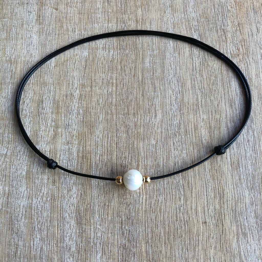 Pearl Choker Necklace, Black Choker, Waxed Cord Pearl Choker, Gold filled beads, Black Necklace Waterproof WN001045