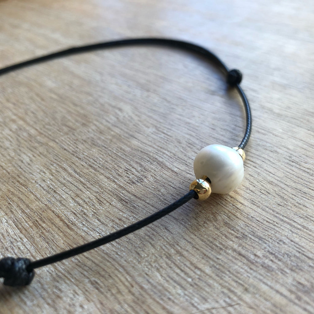 Pearl Choker Necklace, Black Choker, Waxed Cord Pearl Choker, Gold filled beads, Black Necklace Waterproof WN001045
