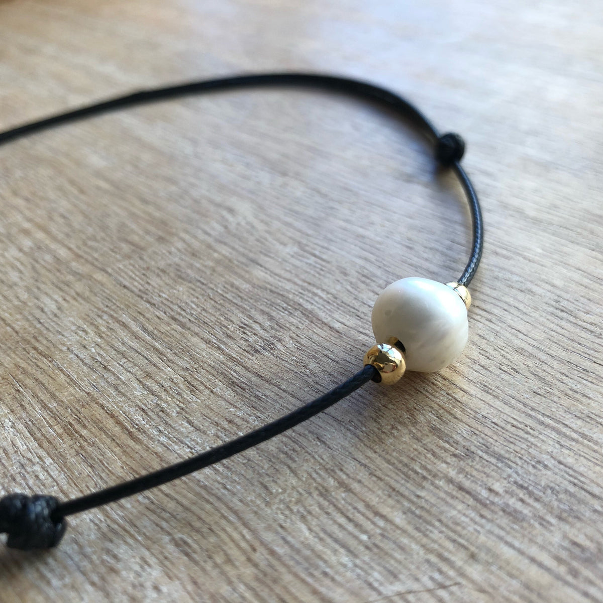 Pearl Choker Necklace, Black Choker, Waxed Cord Pearl Choker, Gold filled beads, Black Necklace Waterproof WN001045