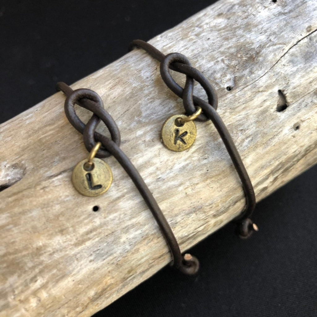 Personalized Infinity Knot Couple Bracelets, Dark Brown Leather, Anniversary Gift