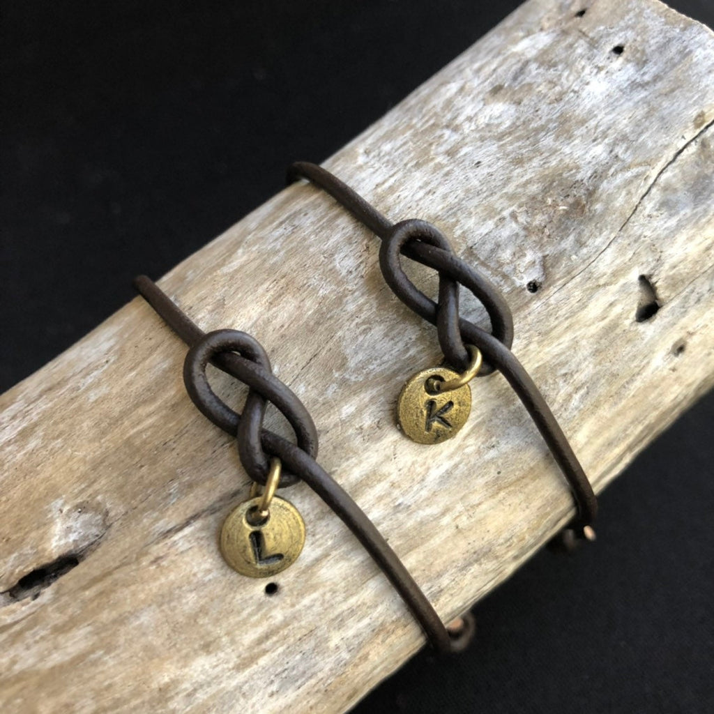 Personalized Infinity Knot Couple Bracelets, Dark Brown Leather, Anniversary Gift