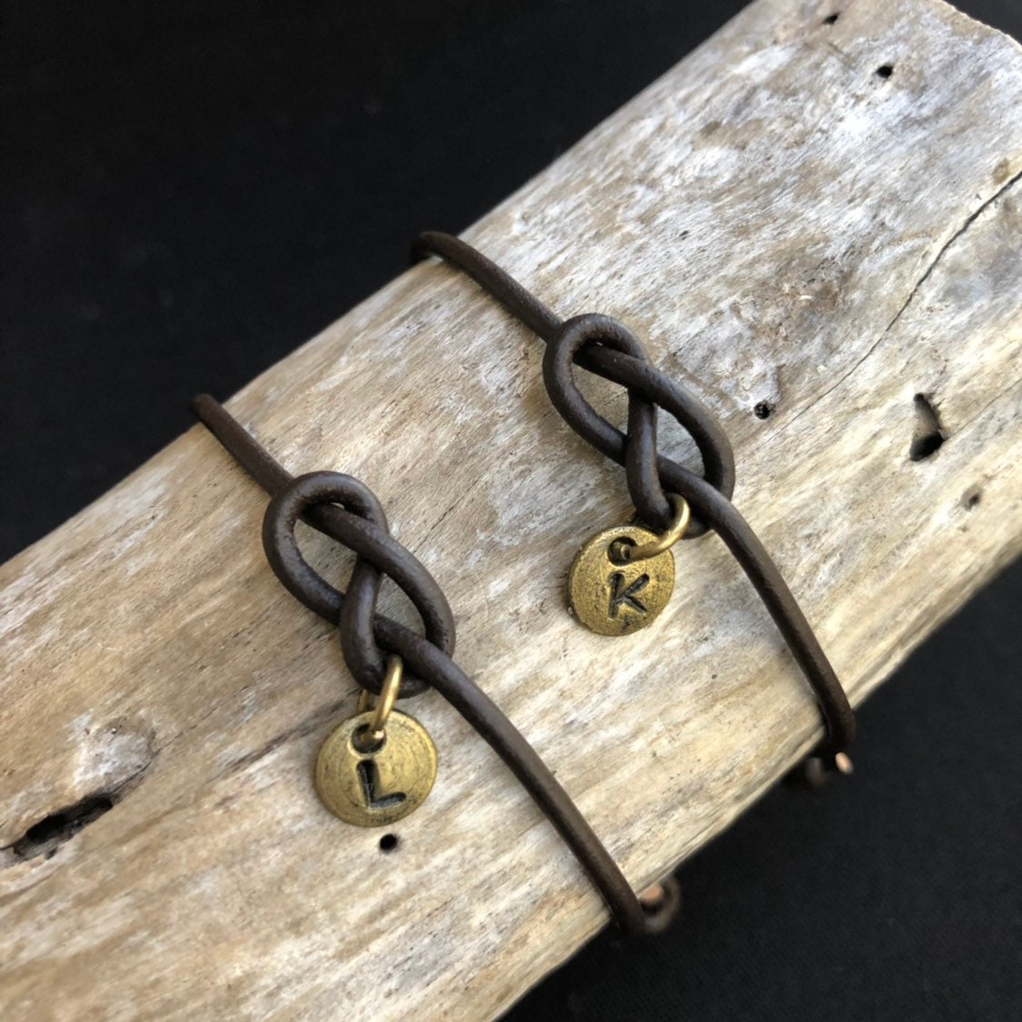 Personalized Infinity Knot Couple Bracelets, Dark Brown Leather, Anniversary Gift