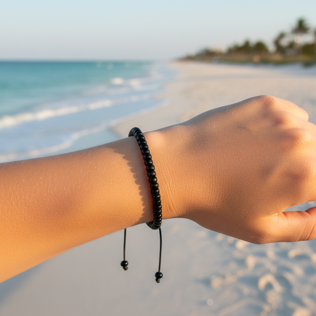 Person's wrist with a black beaded bracelet on a beach