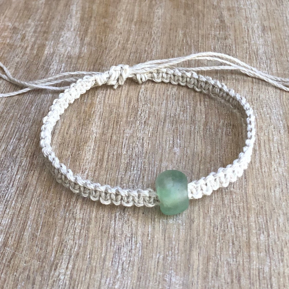 Green Sea Glass Bead Hemp Anklet