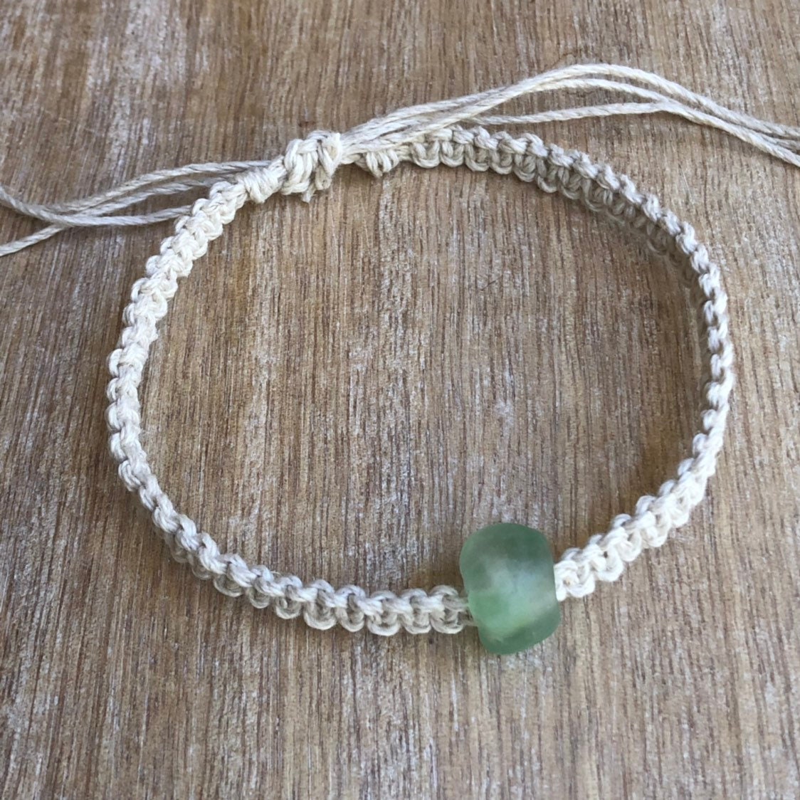 Green Sea Glass Bead Hemp Anklet