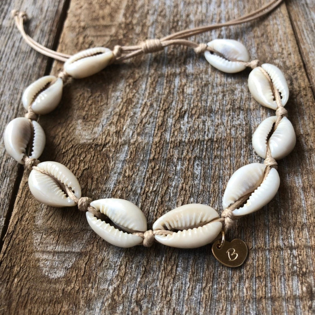 Cowrie Shell Personalized Bracelet Anklet Initial Gold filled Heart