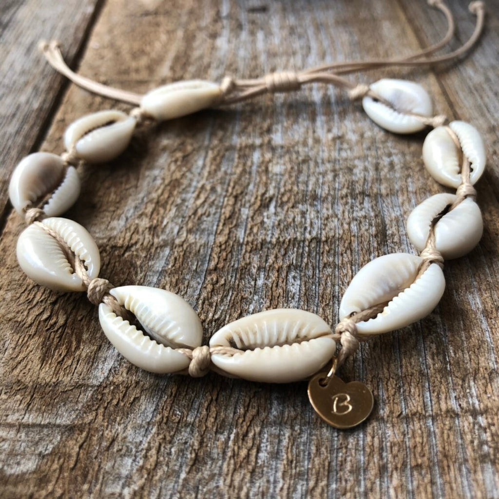 Cowrie Shell Personalized Bracelet Anklet Initial Gold filled Heart WA001736
