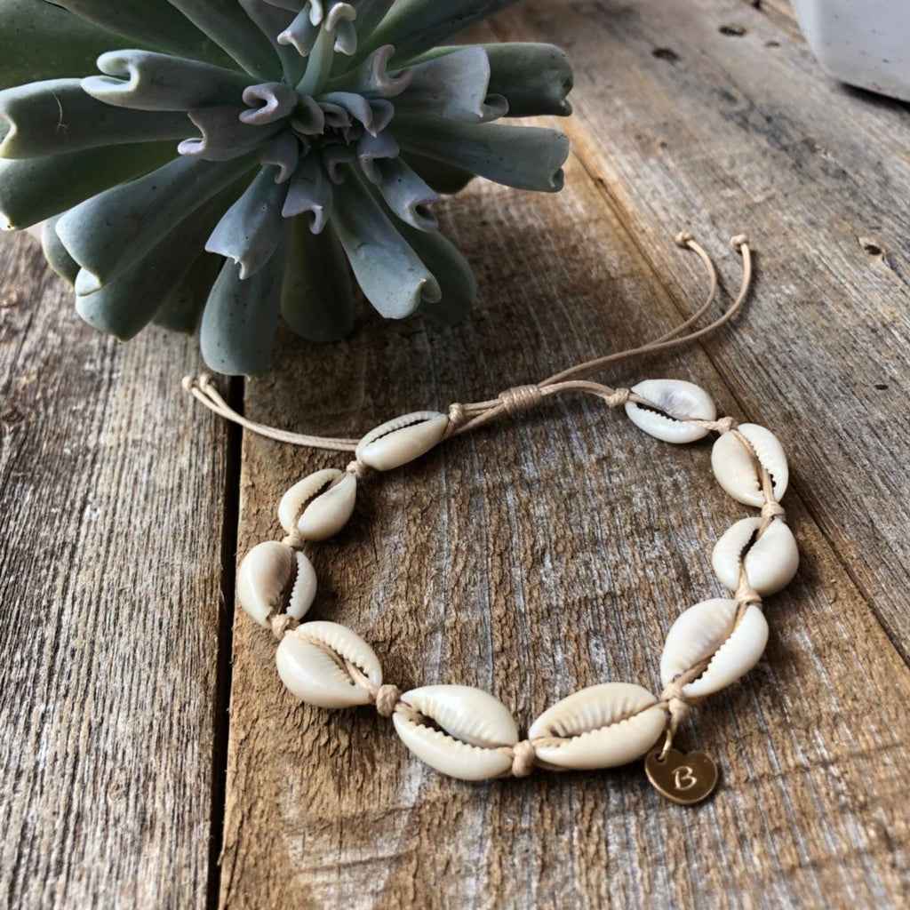 Cowrie Shell Personalized Bracelet Anklet Initial Gold filled Heart