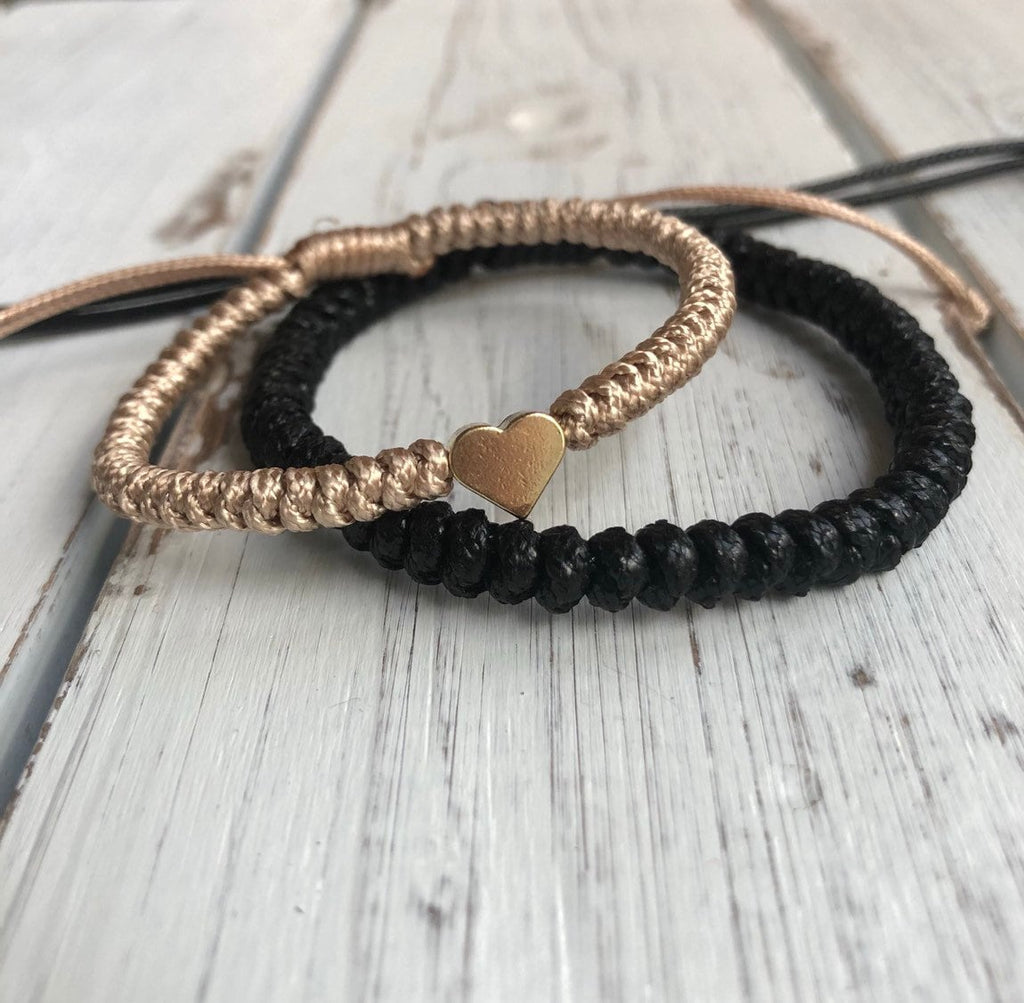 Couples Bracelets Braided Gold Heart Black Beige Sunset by Fanfarria