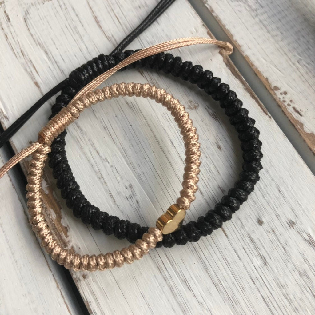 Couples Bracelets Braided Gold Heart Black Beige Sunset by Fanfarria