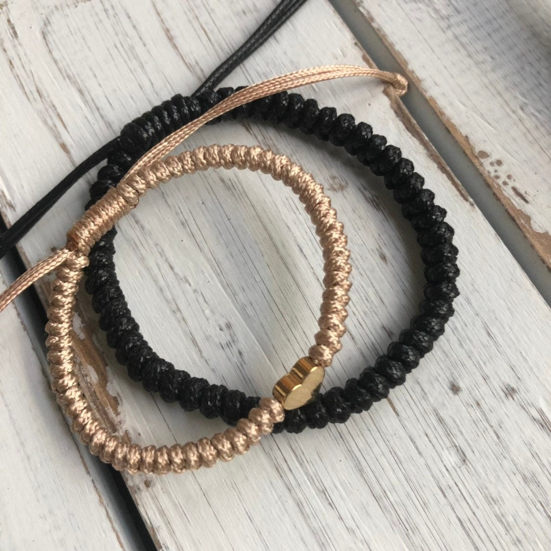 Couples Bracelets Braided Gold Heart Black Beige Sunset by Fanfarria
