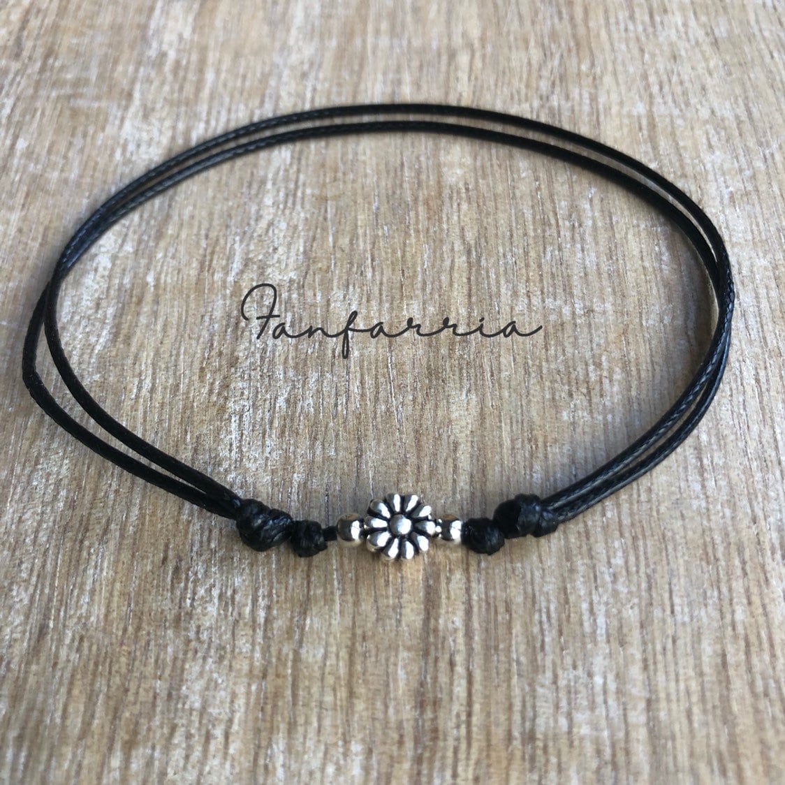Sterling Silver Sunflower Anklet Bracelet Choker, Black Cord, Surfer Beach Lover