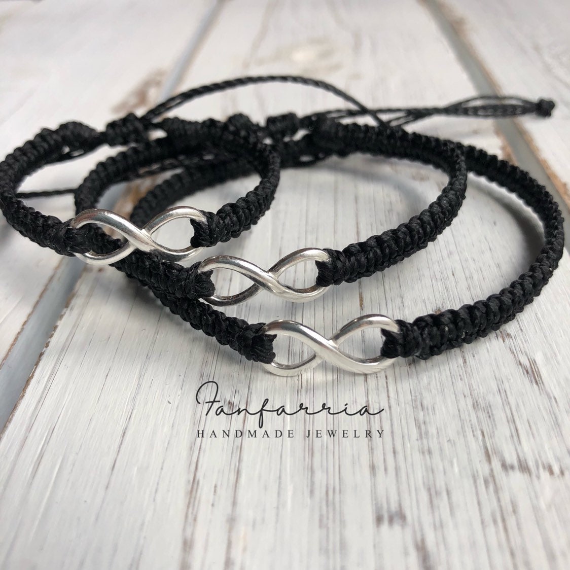 Infinity Family Matching Black Bracelets, 925 Sterling Silver Infinite Charm