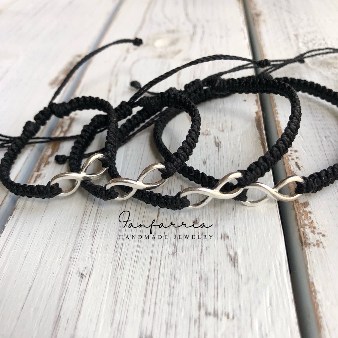 Infinity Family Matching Black Bracelets, 925 Sterling Silver Infinite Charm