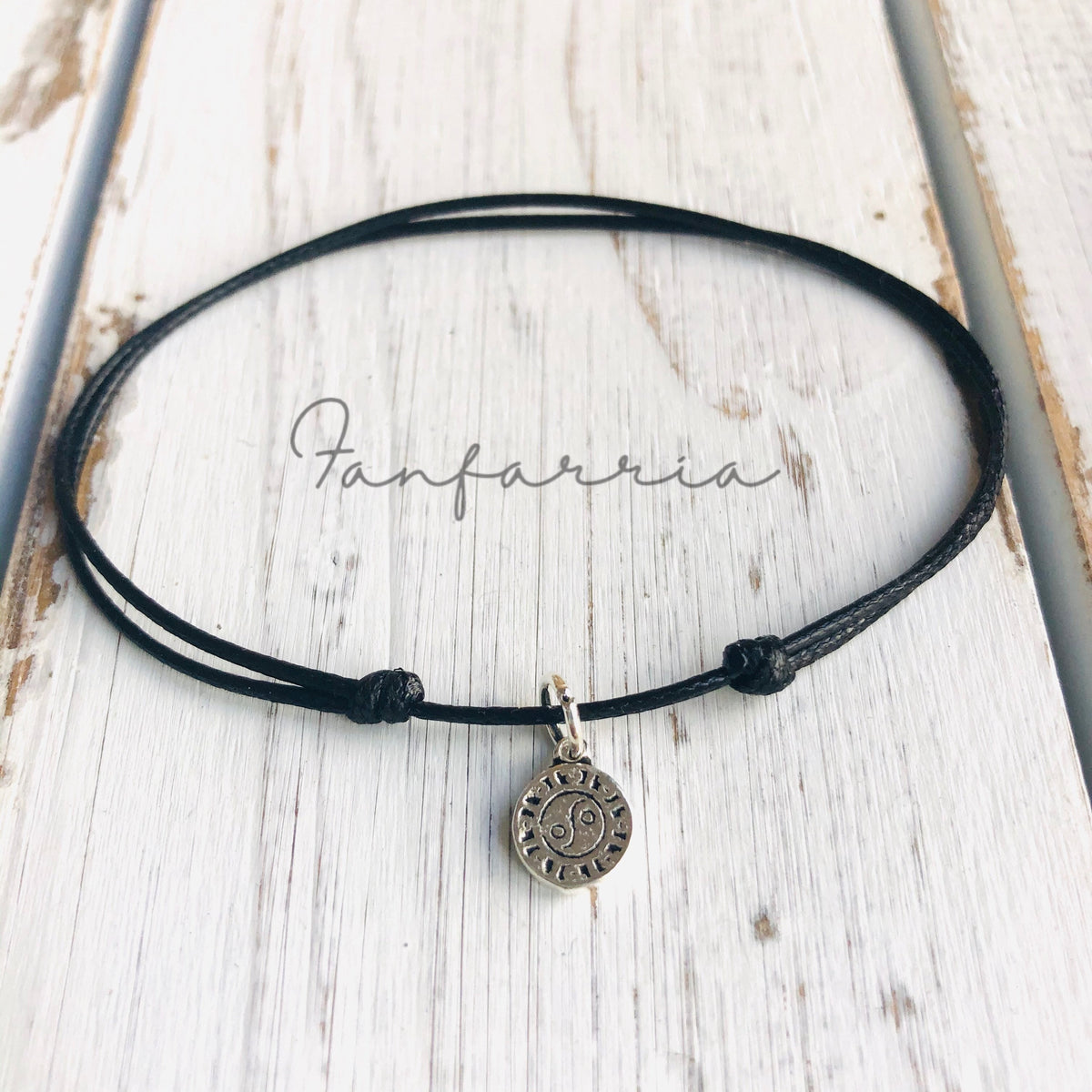 Ying Yang Solid Sterling Silver Anklet, Black Waterproof Cord, Adjustable