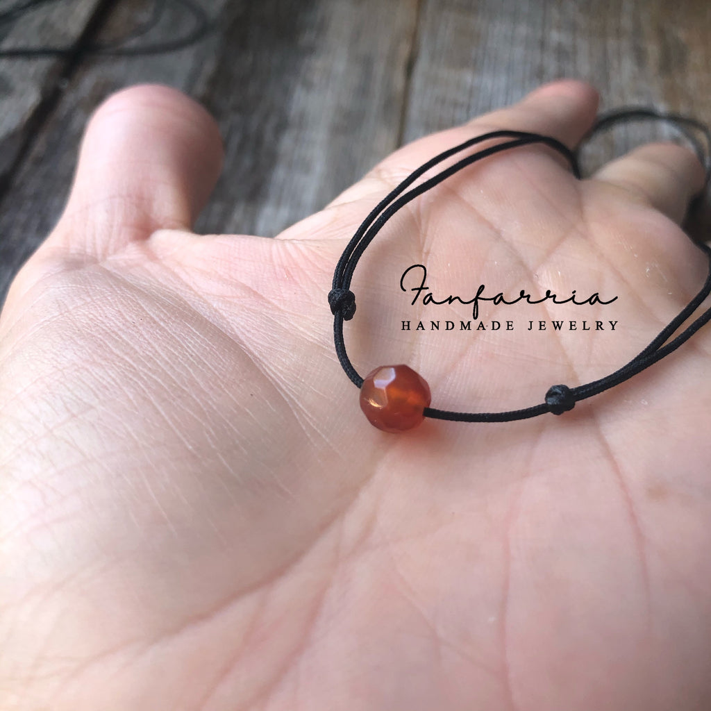 Red Agate Bead, Gemstone, Bracelet Anklet Choker, Black Cord, Minimalist Adjustable, Waterproof