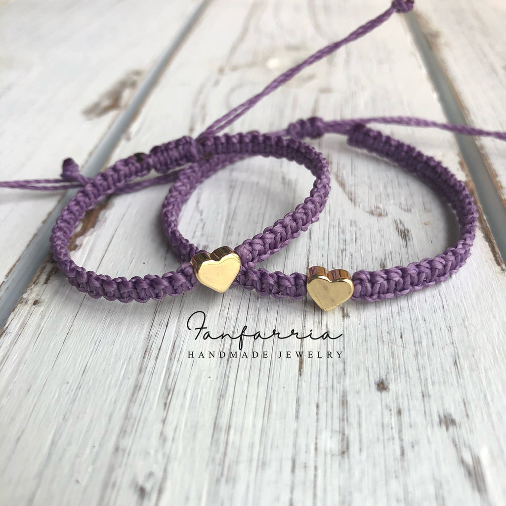 Purple Mommy and Me Gold Heart Matching Bracelets