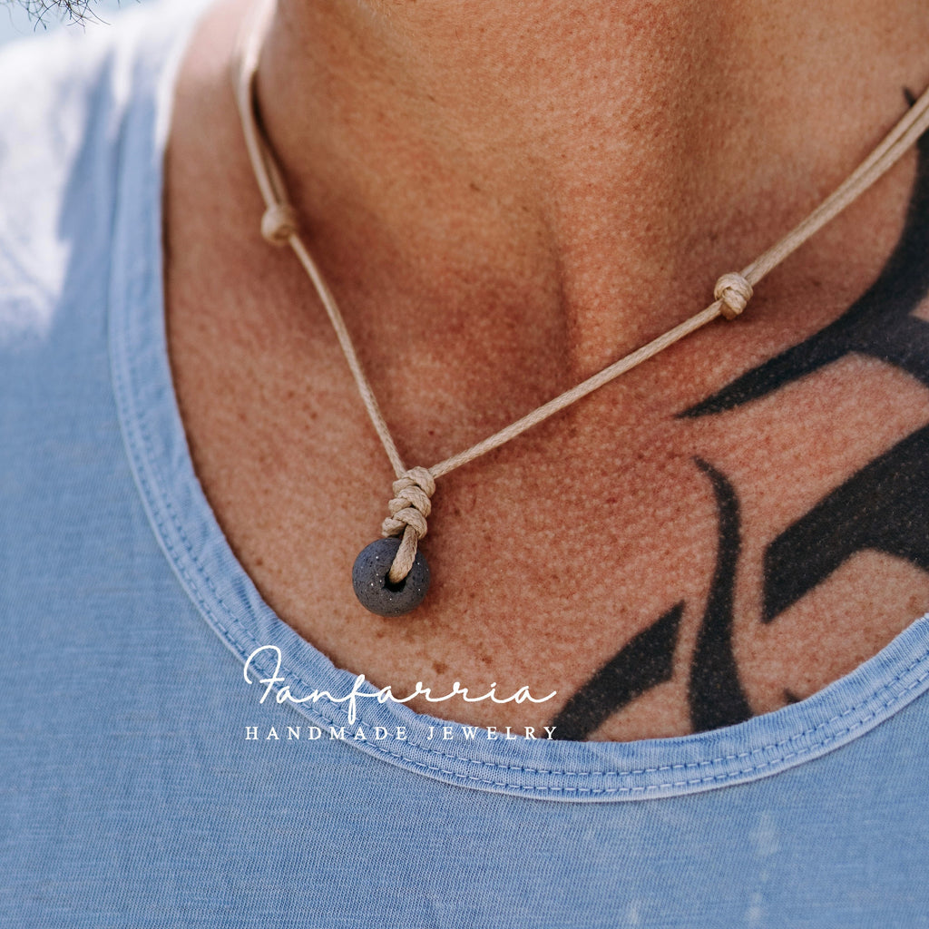 Surfer Necklace Dark Gray African Glass Bead Adjustable Waterproof Unisex