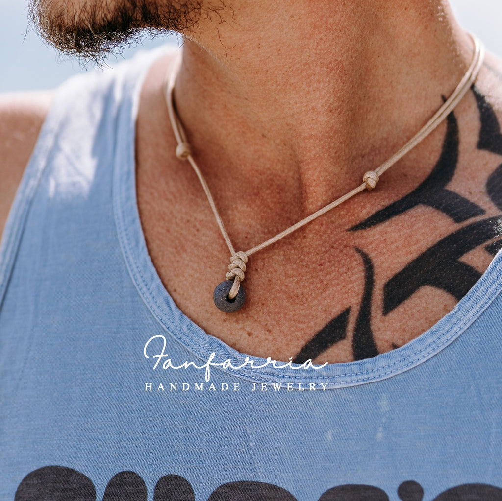 Surfer Necklace Dark Gray African Glass Bead Adjustable Waterproof Unisex