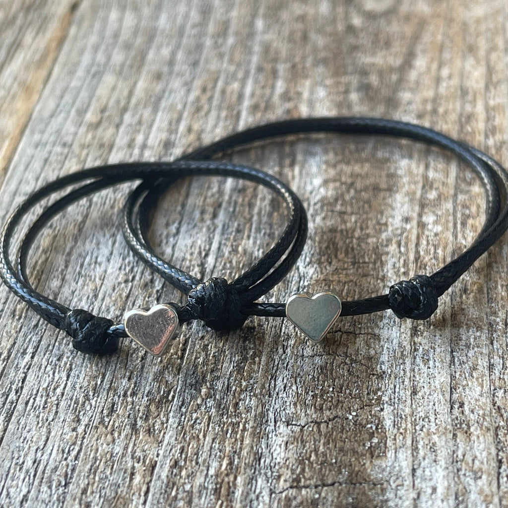 Silver Heart Minimalist Mommy and Me Bracelets, Black Matching