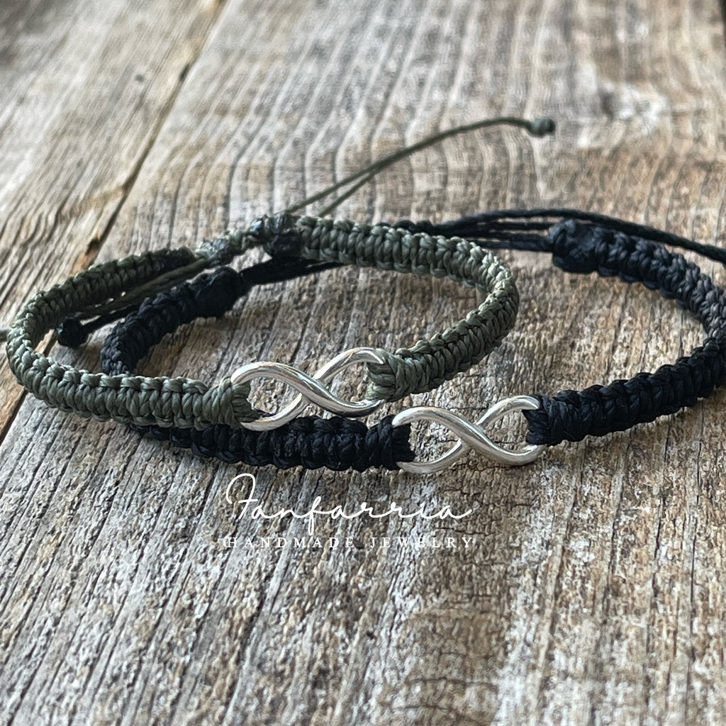 Infinity Sterling Silver 925 Bracelets, Black and Olive His and Hers Bracelets, Waterproof Cord, Adjustable