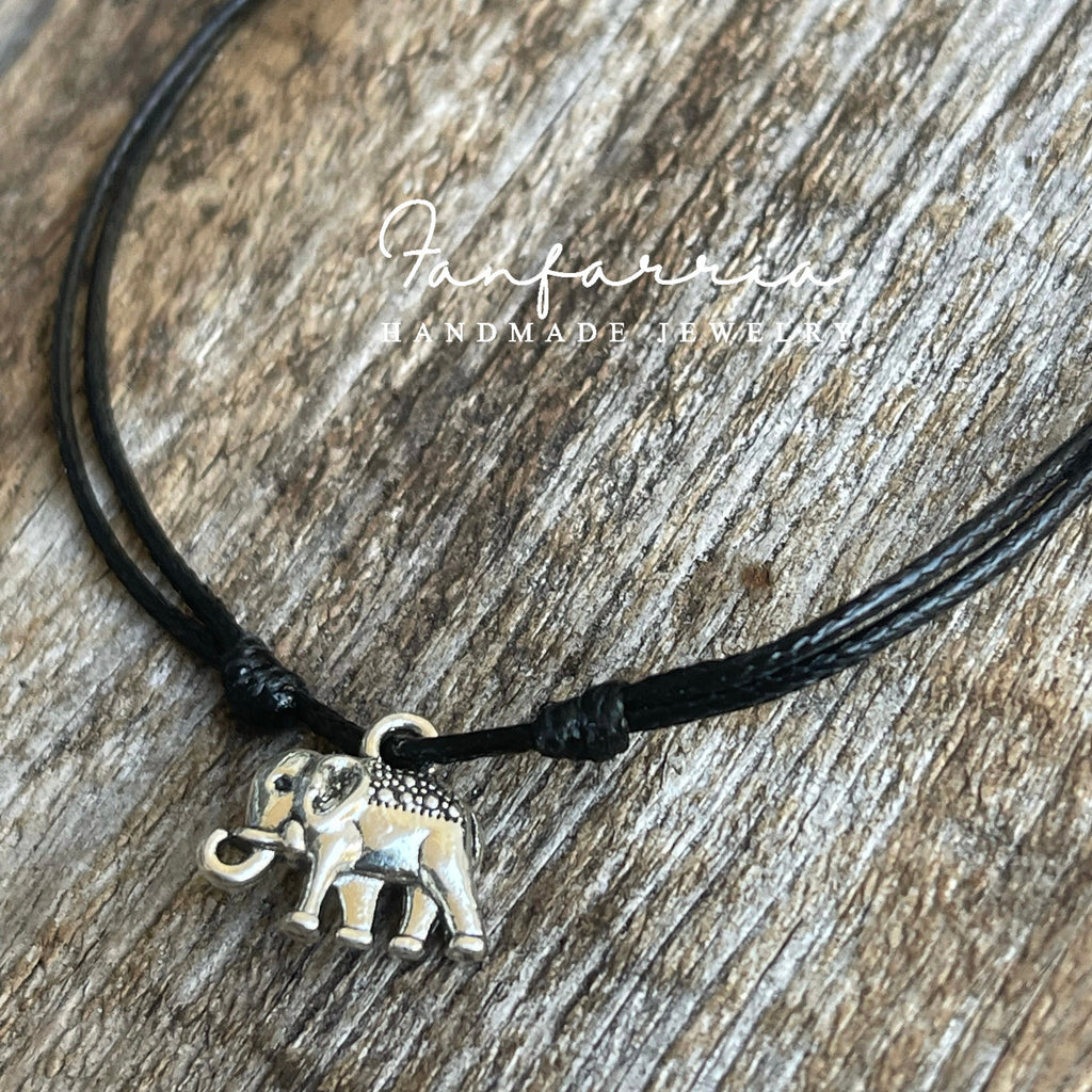 Elephant Anklet, Black Waxed Cord Anklet, Adjustable Anklet