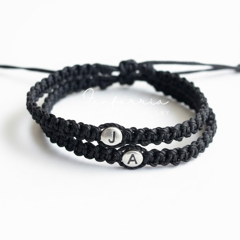 Initials Couple Bracelets, Initial, Black His and Hers Distance