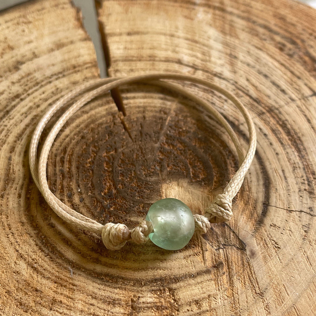 Green Sea Glass Anklet, Natural Tan Waterproof Anklet, Surfer Anklet, Unisex