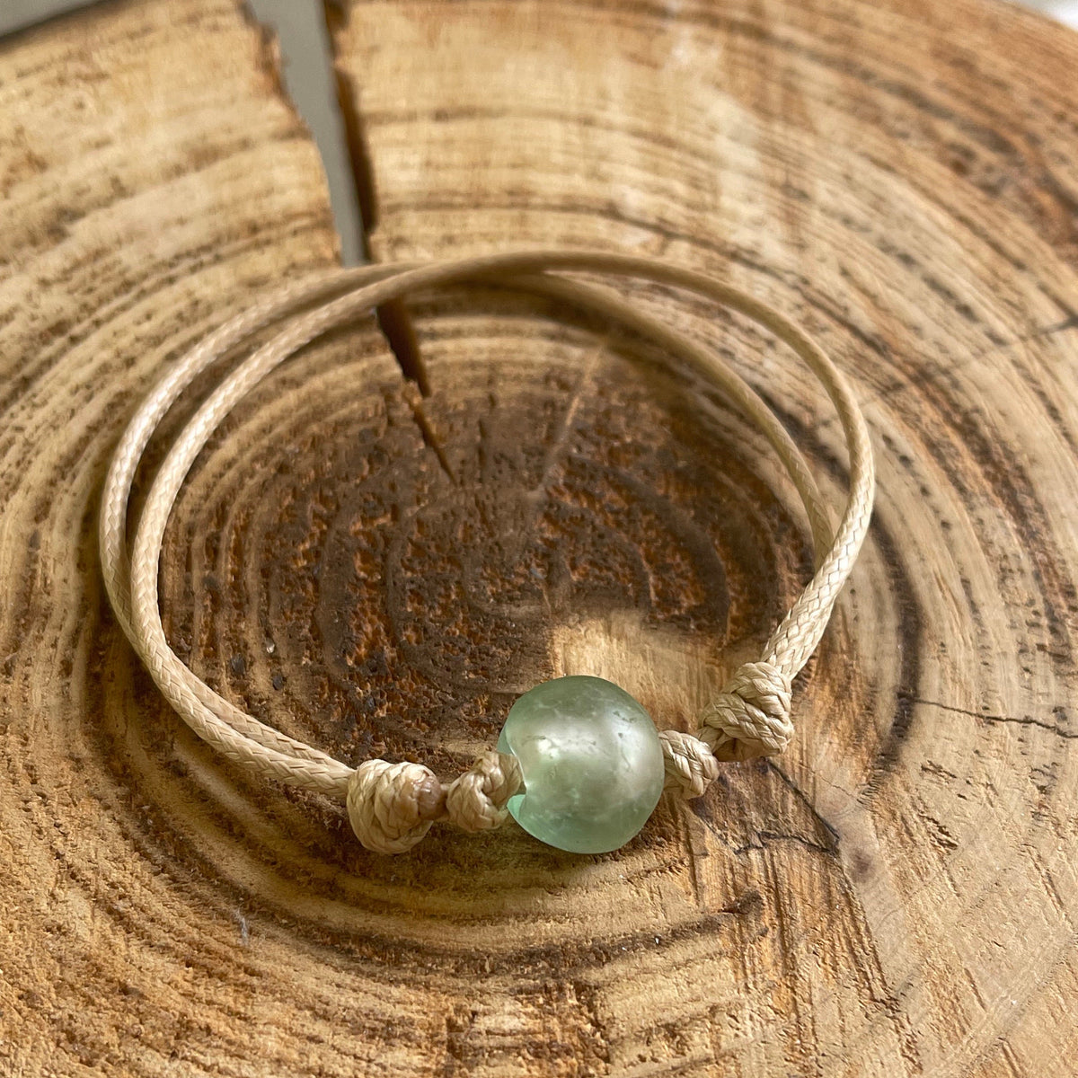 Green Sea Glass Anklet, Natural Tan Waterproof Anklet, Surfer Anklet, Unisex