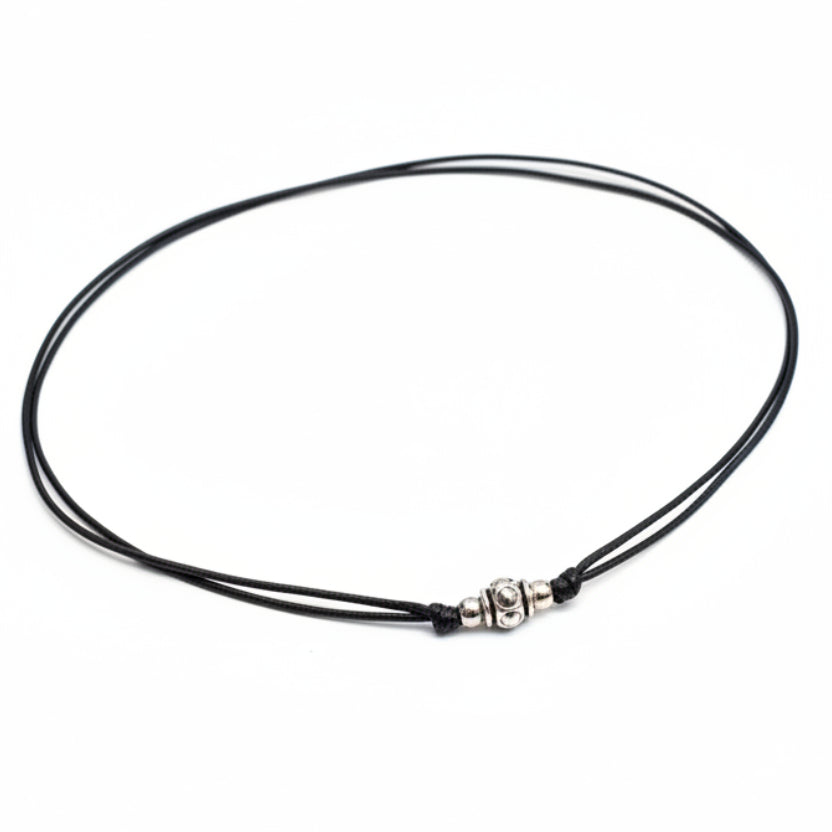 Silver bead adjustable black waxed cord choker necklace waterproof handmade boho