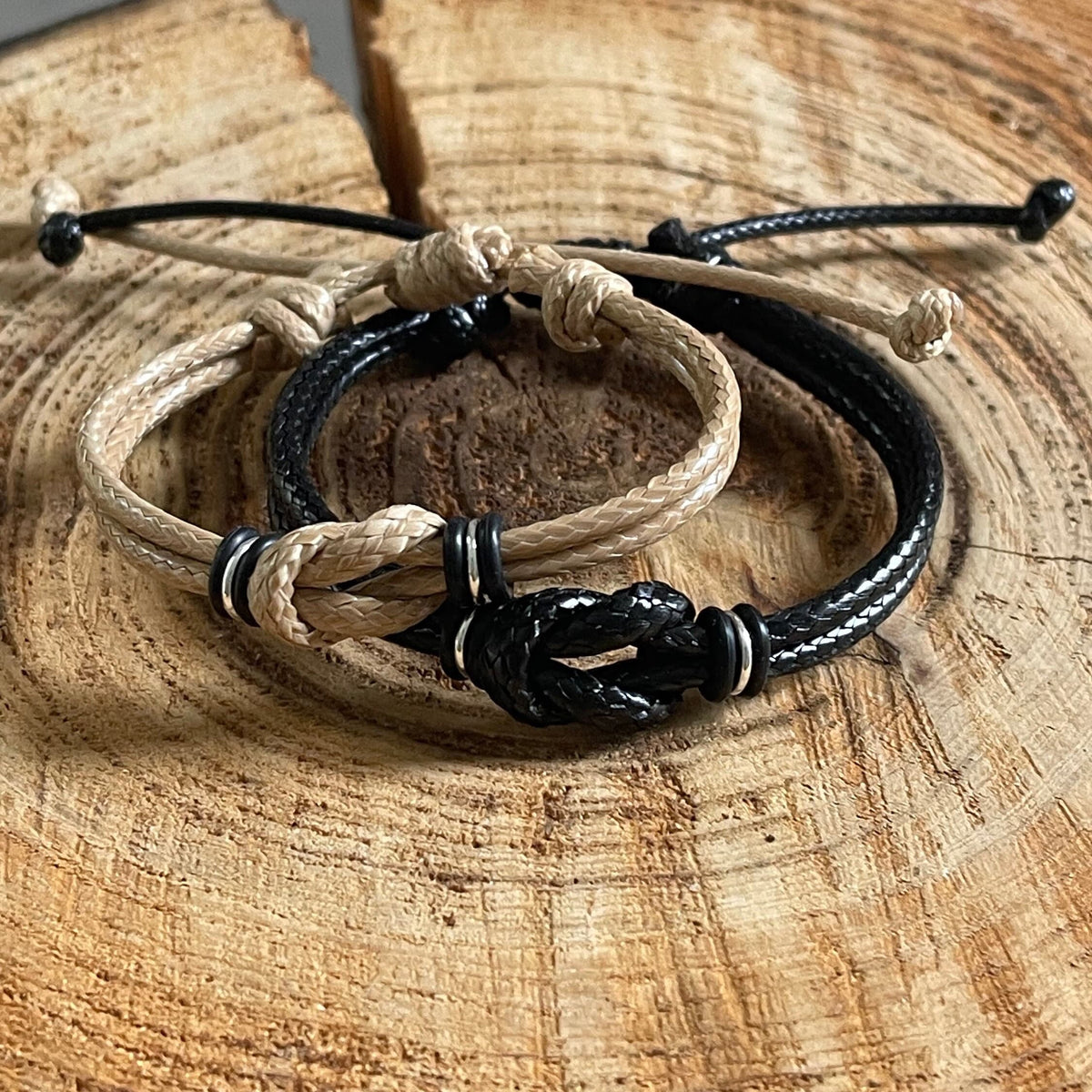 Sanibel II Couple Bracelets, Black and Natural Personalized, His and Hers, Distance, Love Knot, Anniversary gift, Matching Bracelet