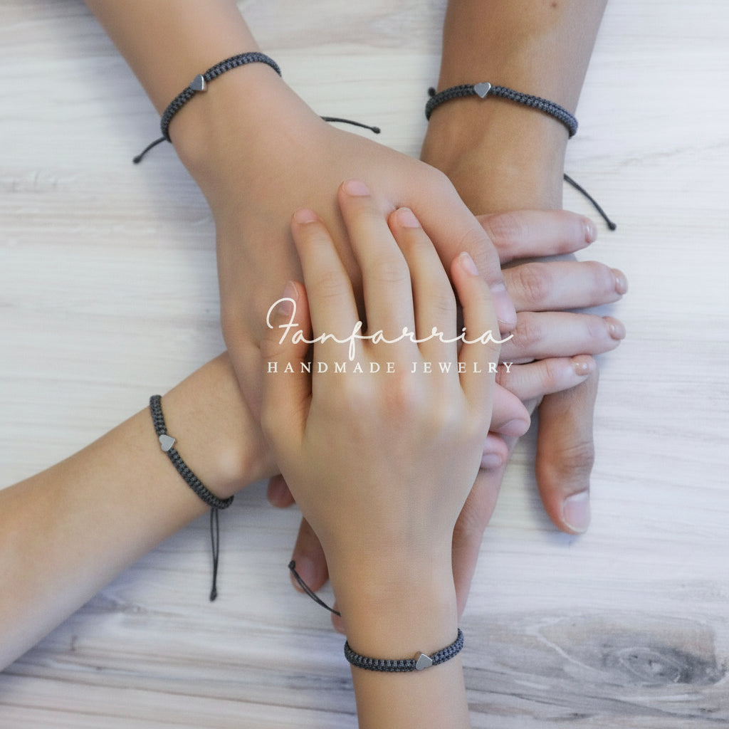 Silver Heart Family Bracelets Black Matching Bracelets